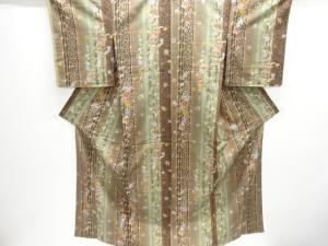 未使用品　縞に蝶・花古典柄手織り紬単衣着物